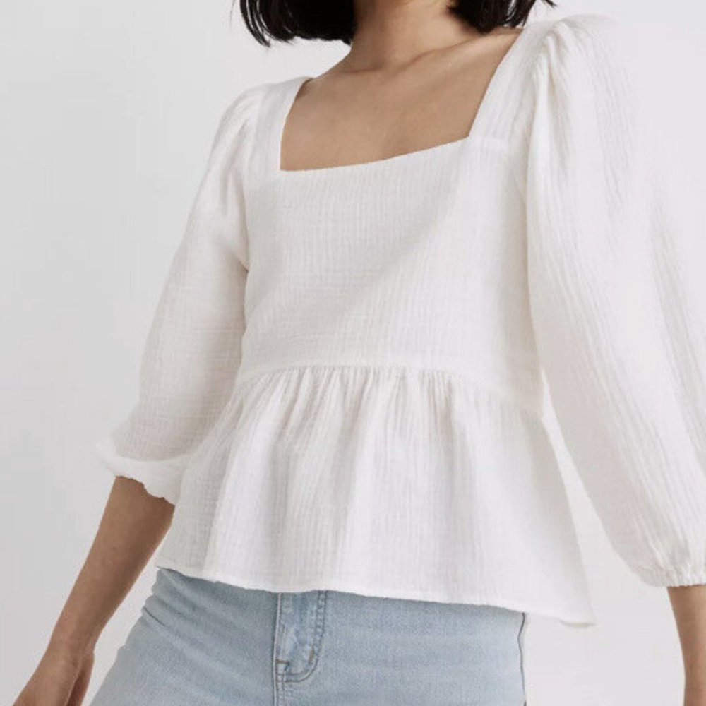 Madewell Puff Sleeve Lightspun Millbrook Cotton Peplum Top